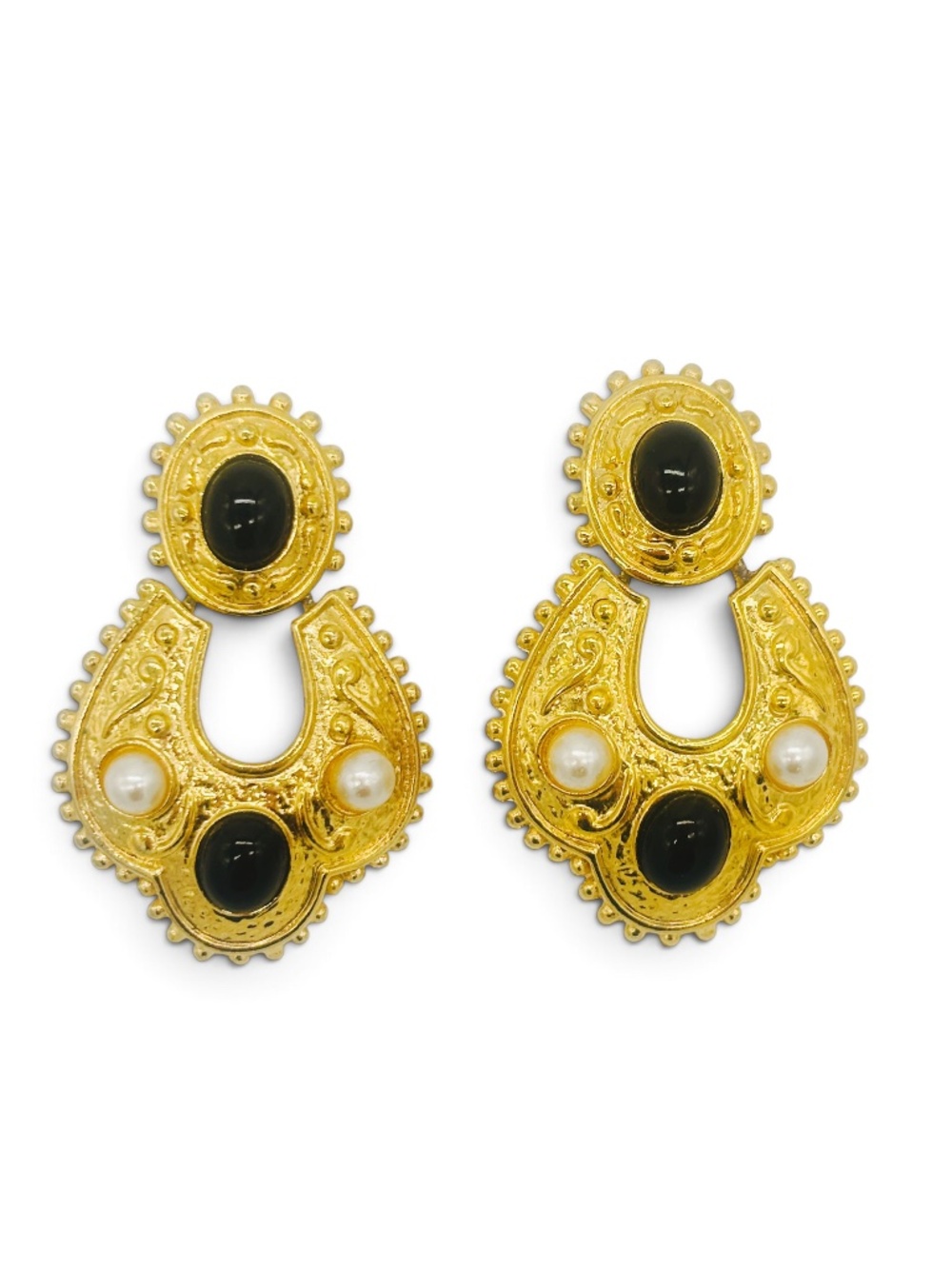 Vintage Byzantine Etruscan Revival Clip-On Earrings with Pearl & Black Cabochons